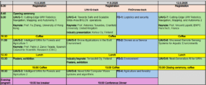 10.9.2025 11.9.2025 12.9.2025 8.00 Registration Registration Registration UAV-G-track FinDrones-track 8.45 Opening seremony 9.00 UAVG-1: Cutting-Edge UAV Robotics: Navigation, Mapping, and Autonomy 1 UAVG-4: Towards Safe and Scalable Wide-Area BVLOS operations FD-1: Logistics and security UAVG-7: Cutting-Edge UAV Robotics: Navigation, Mapping, and Autonomy 2 Keynote: Prof. Fu Zhang, University of Hong Kong Keynote: Prof. Antonios Tsourdos, Cranfield University, United Kingdom Keynote: Prof. Vincent Lepetit, ENPC ParisTech, France Industry presentation: Kelluu Oy, Finland 10.30 Coffee Coffee Coffee 11.00 UAVG-2: Intelligent UAVs for Forests and Agriculture 1 UAVG-5: Drone Applications in the Built Environment FD-2: Drones as a Service UAVG-8: Uncrewed Remote Sensing Systems for Aquatic Environments Keynote: Prof. Pablo J. Zarco-Tejada, Spanish Council for Scientific Research (CSIC) 12.30 Lunch Lunch Lunch 13.30 Posters, exhibition Industry keynote: Terrasolid Oy, Finland FD-3: Environment UAVG-9: Next-Generation AI for UAVs Posters, exhibition 15:00 Coffee 15:00 Coffee 15:00 Closing ceremony, coffee 15.30 UAVG-3: Intelligent UAVs for Forests and Agriculture 2 UAVG-6: Novel UAV Computer Vision systems and algorithms FD-4: Agriculture and forestry Evening program 18:00 Ice breaker 19:00 Conference Dinner